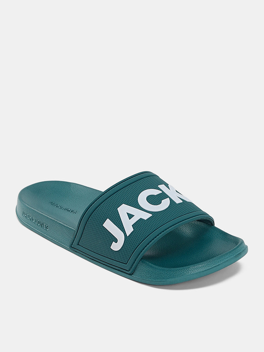 Green Logo Print Pool Sliders