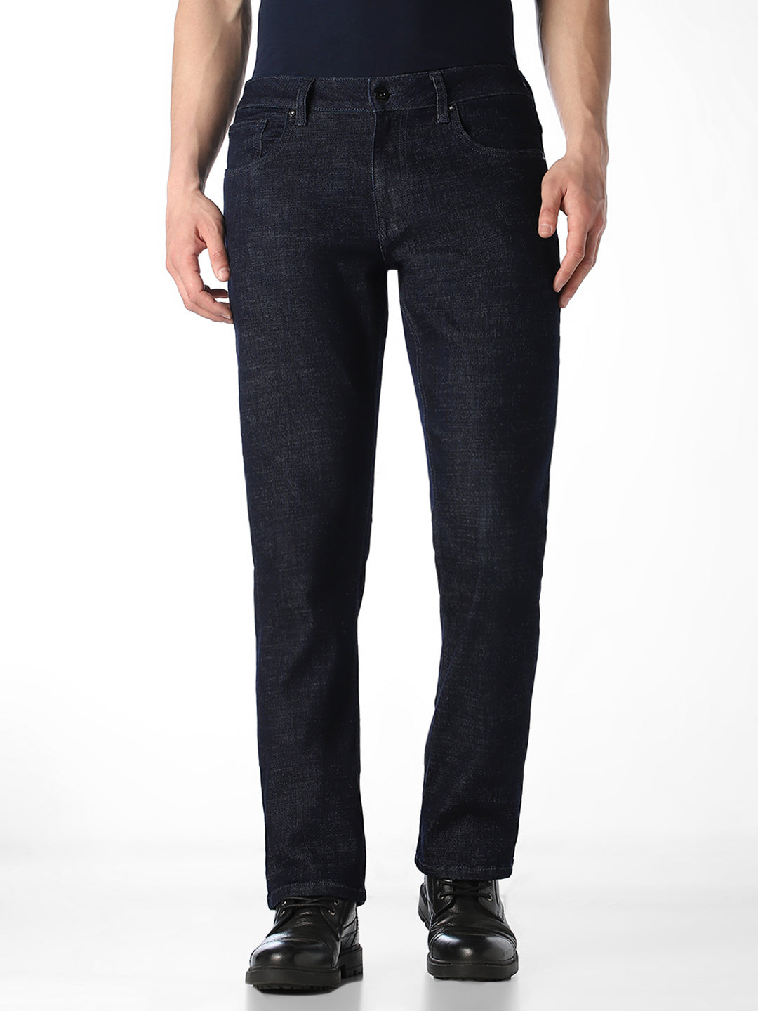 Men's Dark Blue Solid Straight Fit Low Rise Jeans