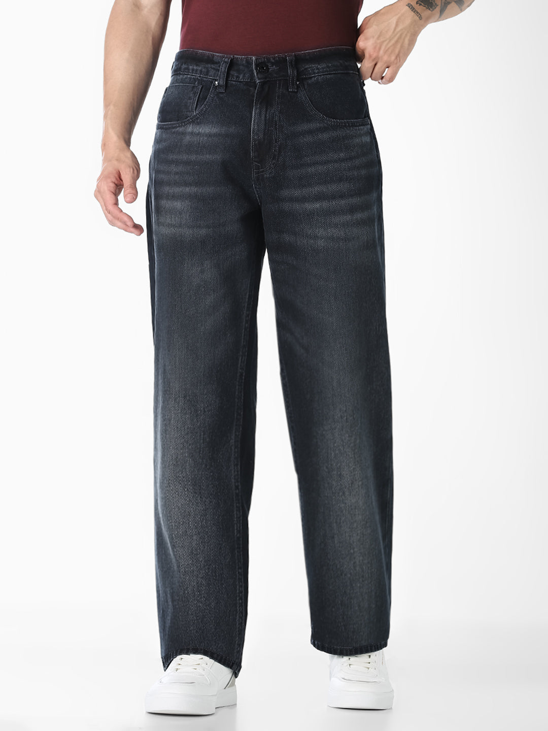 Men's Dark Blue Denim Bootcut Jeans With Light Fade - 28/30