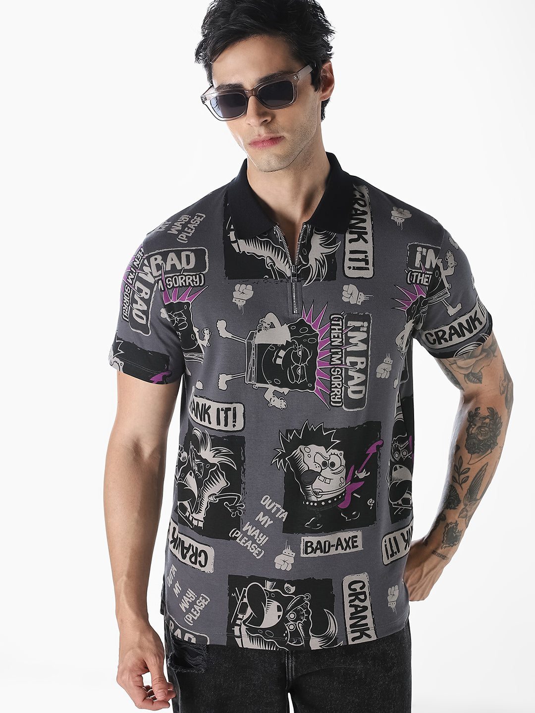 Black SpongeBob Printed Polo - S