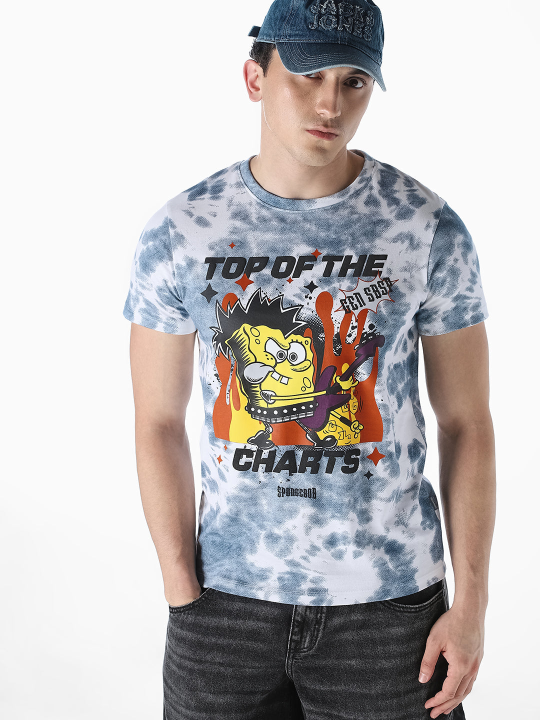 Blue SpongeBob Tie-dye Graphic Print T-shirt - S
