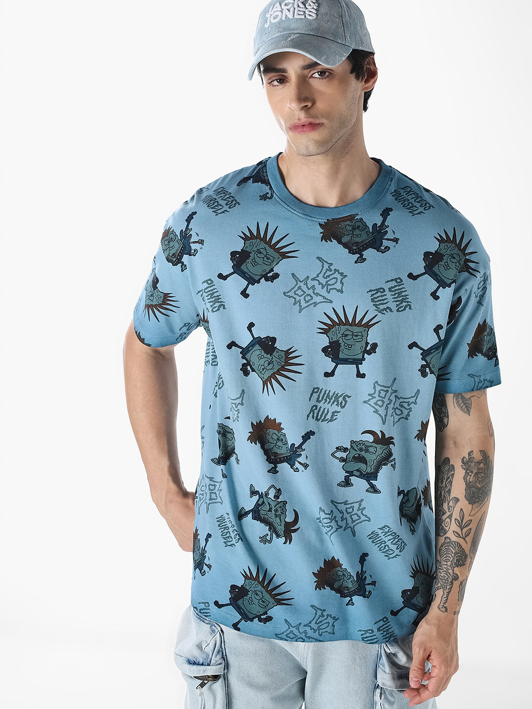Blue SpongeBob Printed Oversized T-shirt