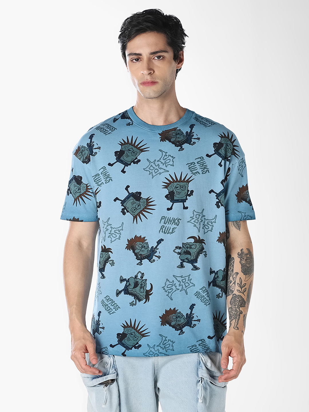 Blue SpongeBob Printed Oversized T-shirt