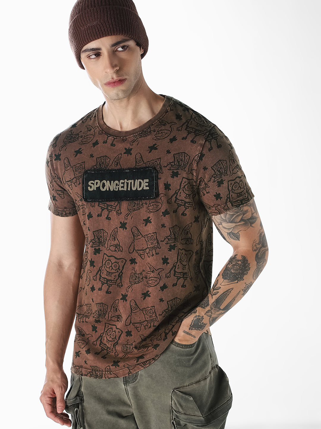 Dark Brown SpongeBob Printed T-shirt - S