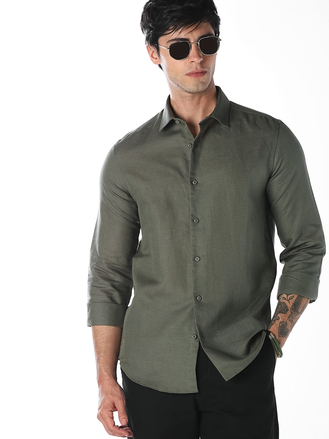 Olive Linen Blend Shirt - S