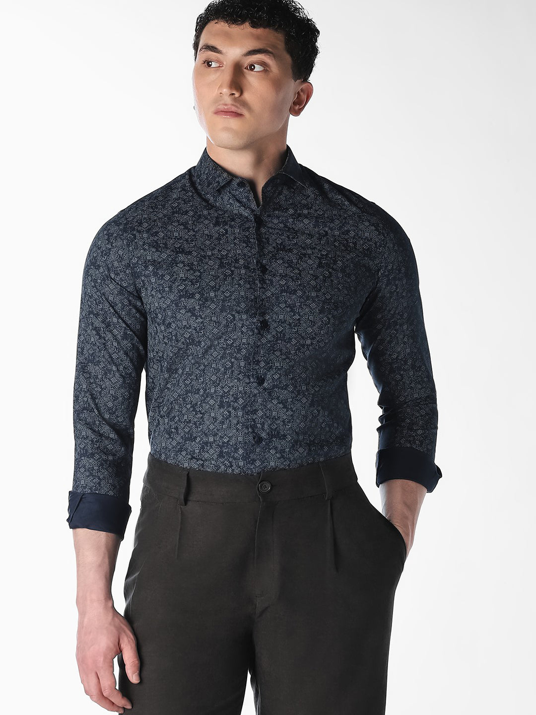 Dark Blue Printed Dobby Shirt