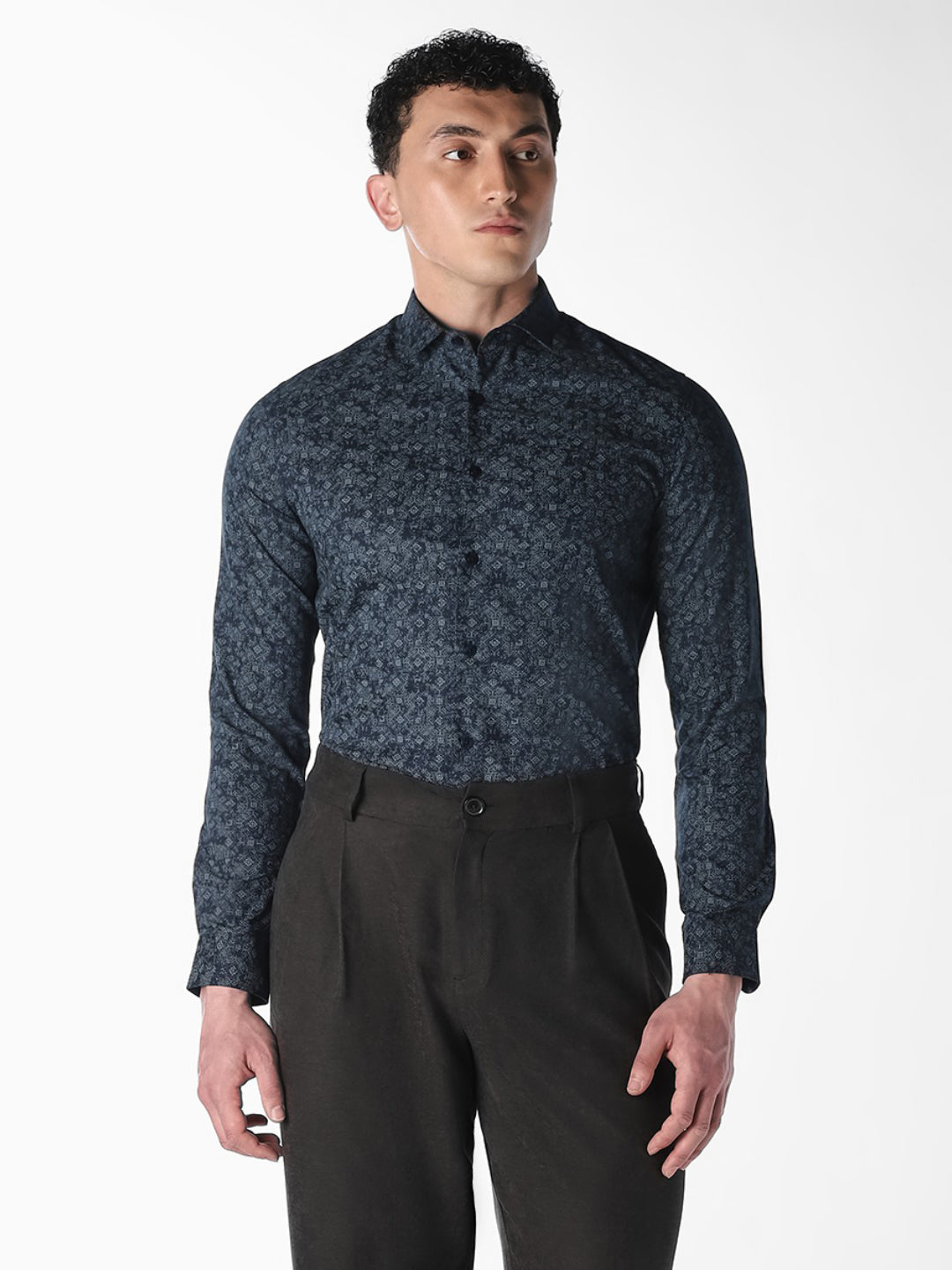 Dark Blue Printed Dobby Shirt