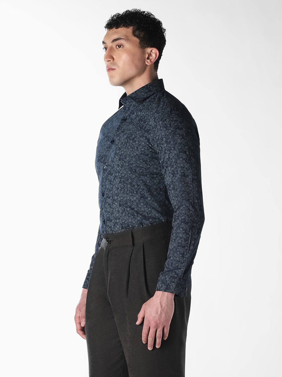 Dark Blue Printed Dobby Shirt