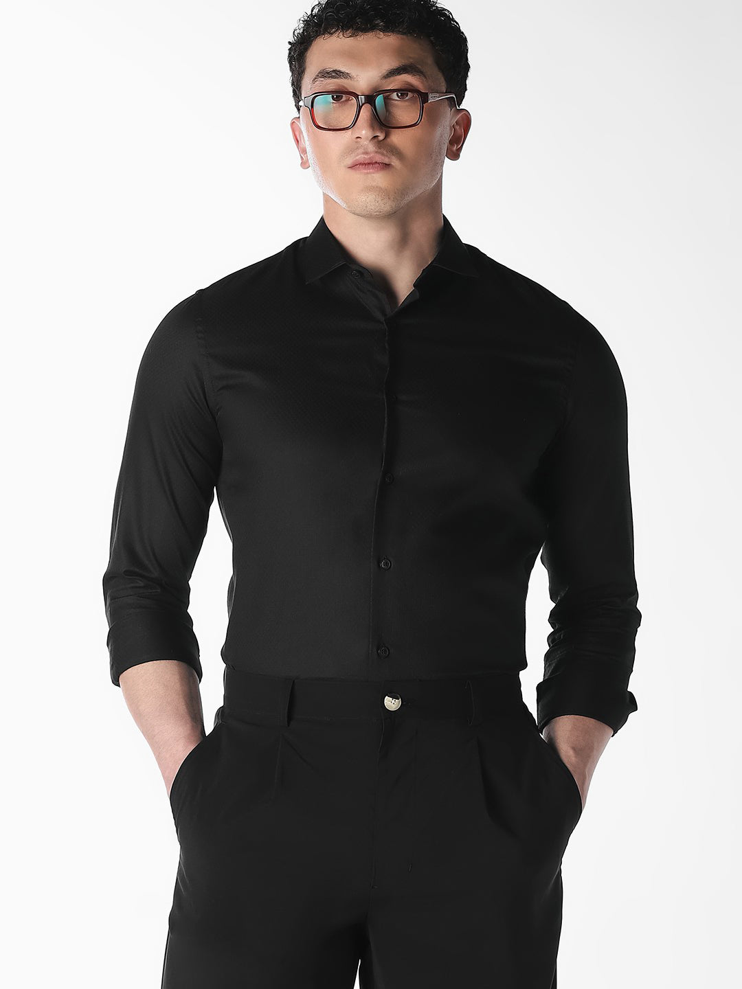Black Jacquard Full Sleeves Shirt - S