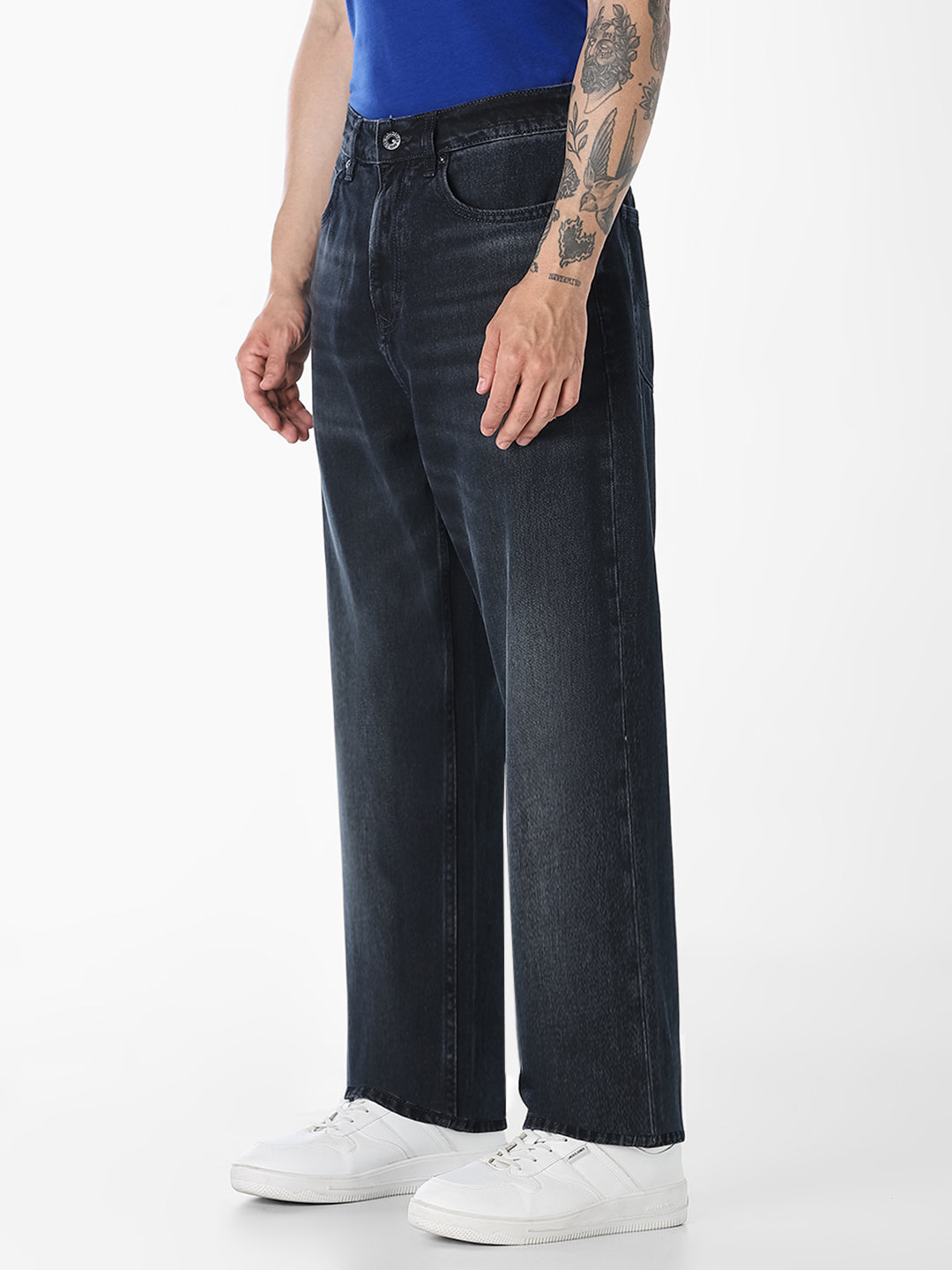 Men's Dark Blue Loose Fit Mid-Rise Jeans