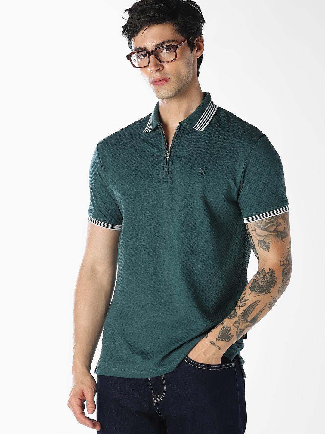 Green Zip-Up Cotton Polo