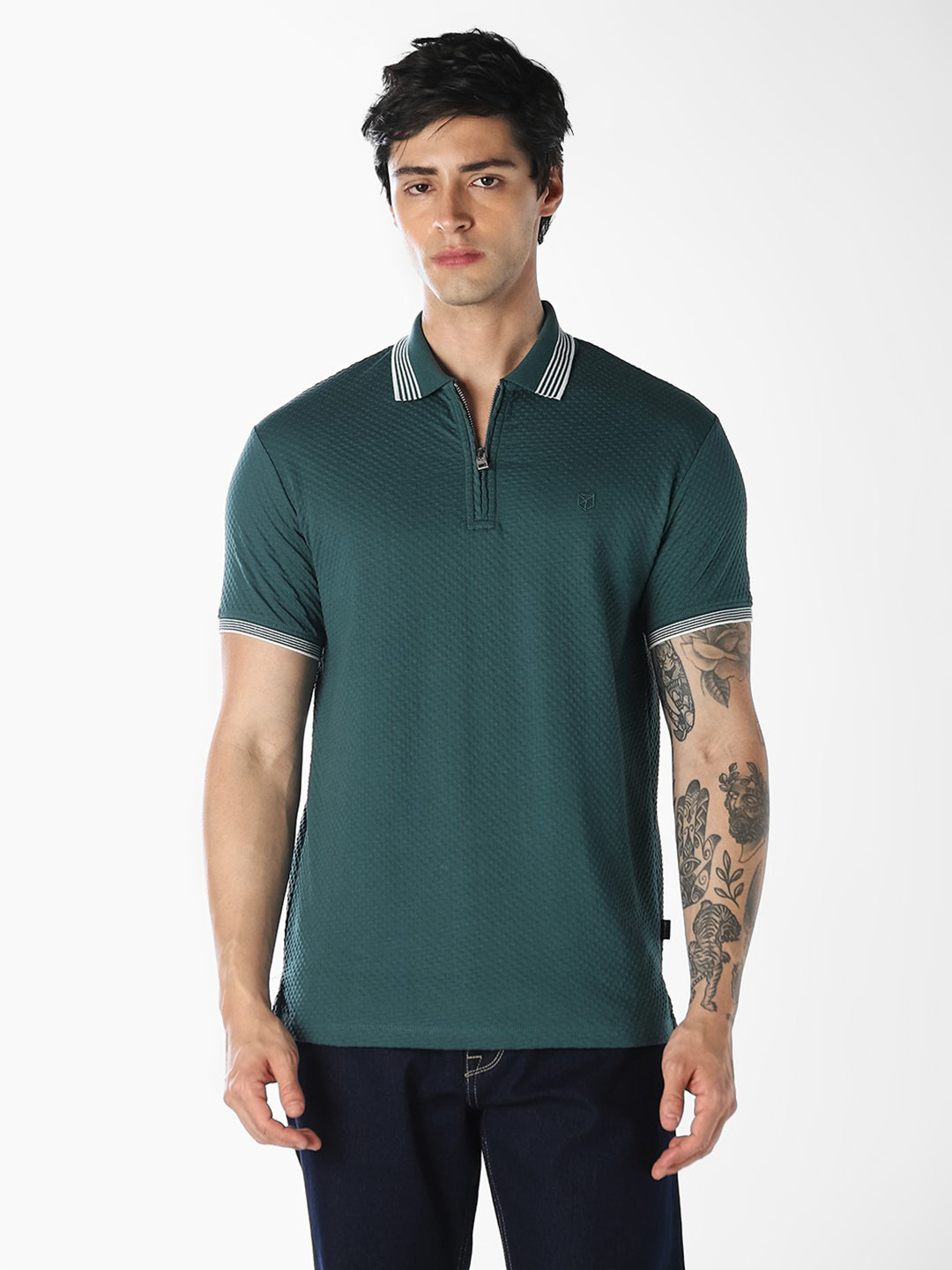 Green Zip-Up Cotton Polo