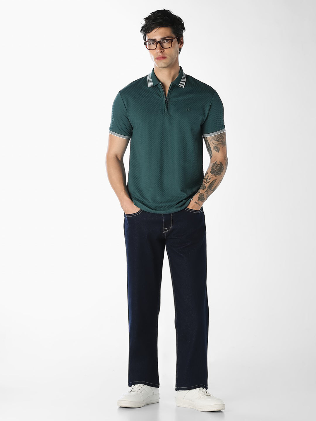 Green Zip-Up Cotton Polo