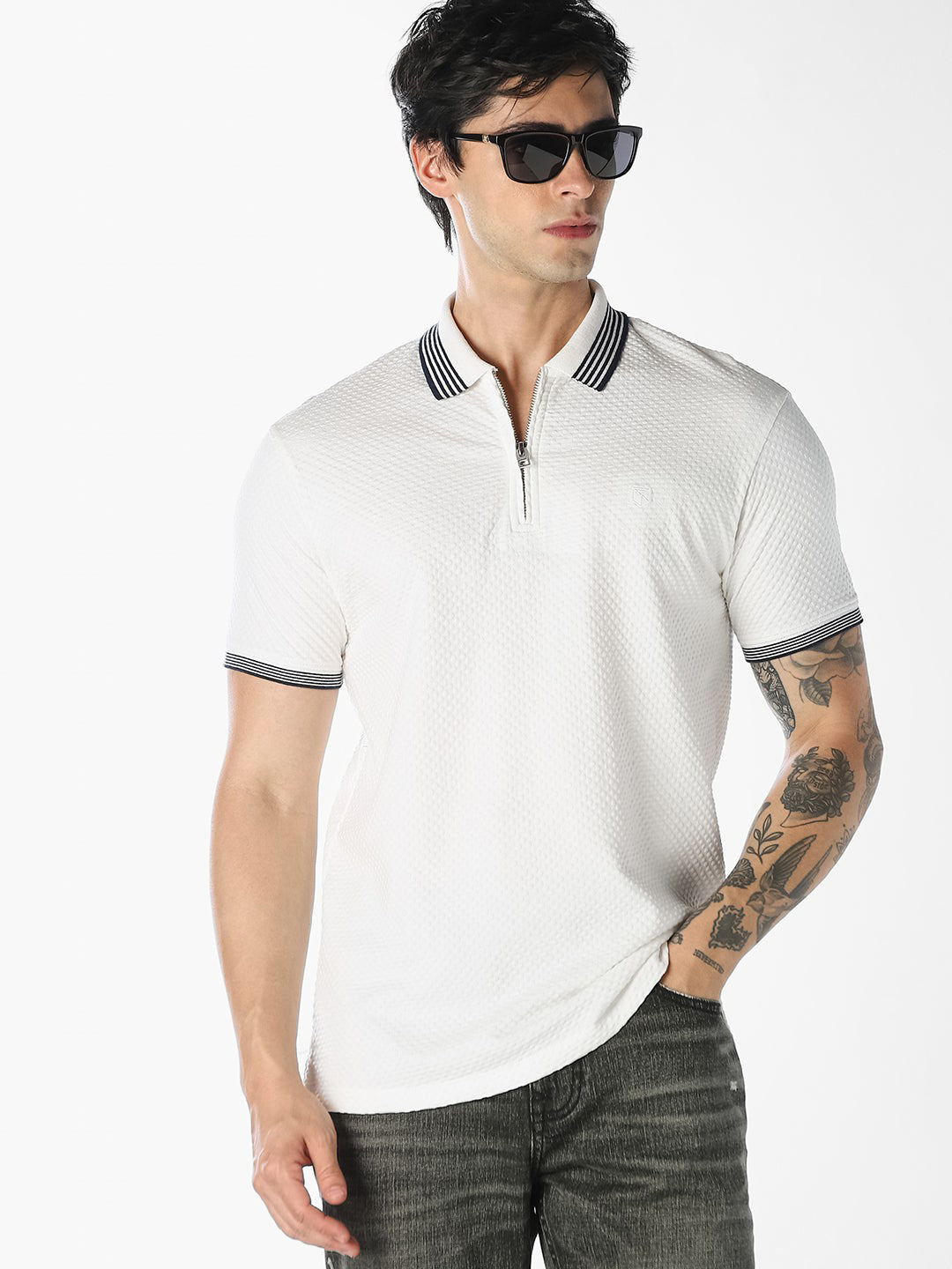 White Zip-Up Cotton Polo