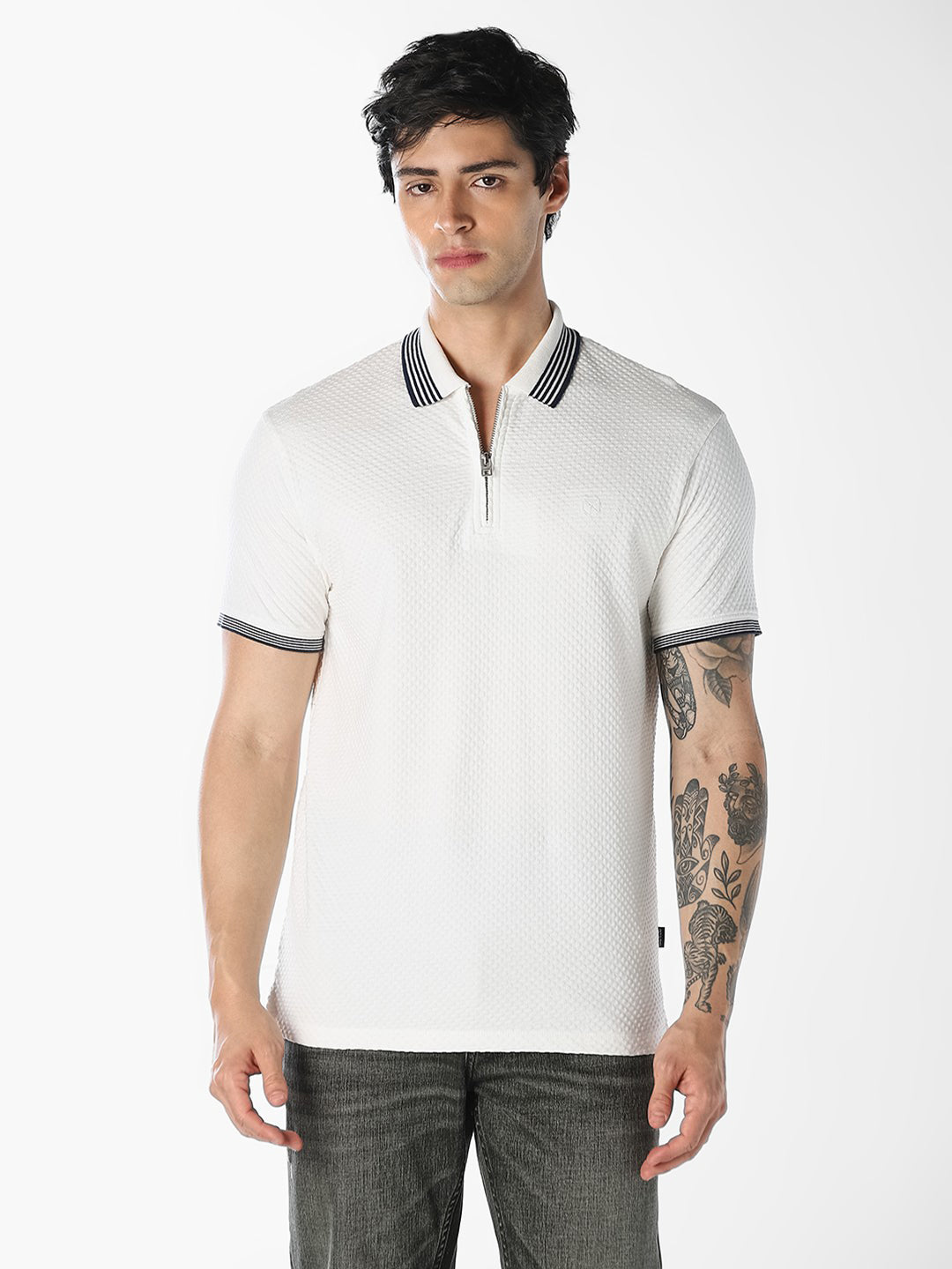 White Zip-Up Cotton Polo