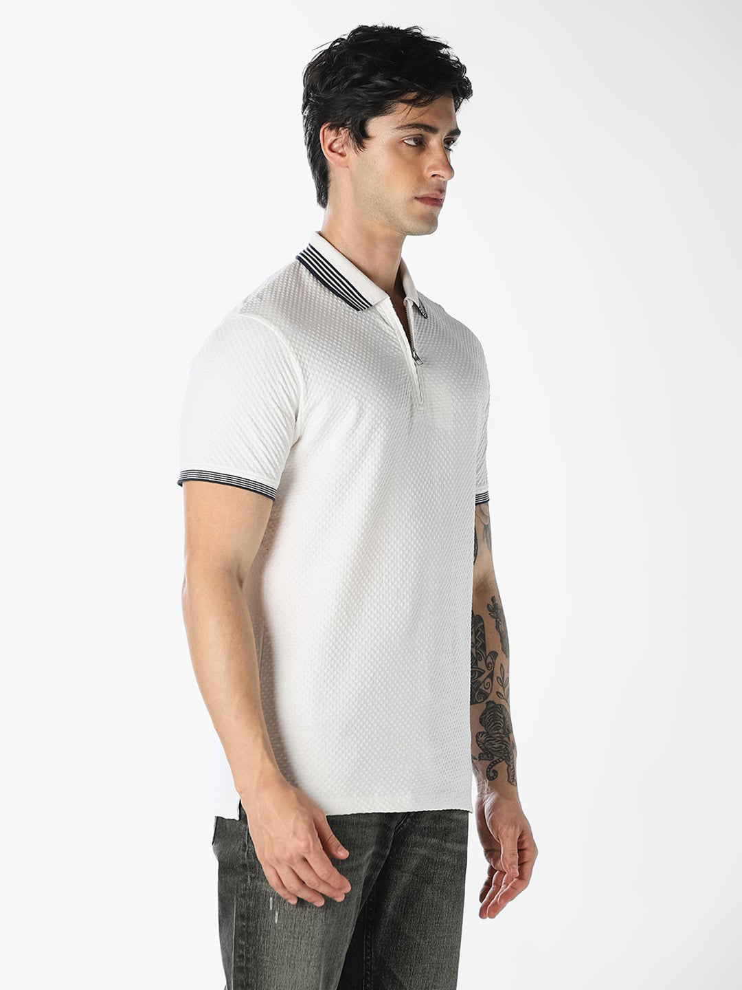 White Zip-Up Cotton Polo