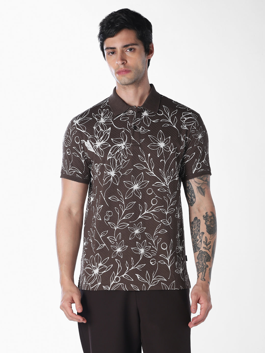Brown Floral Print Polo