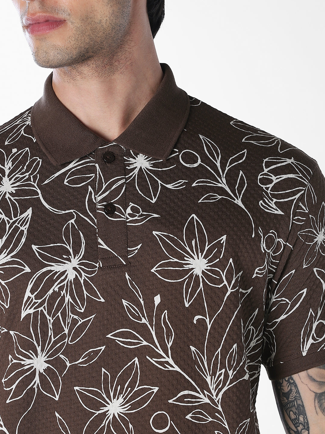 Brown Floral Print Polo