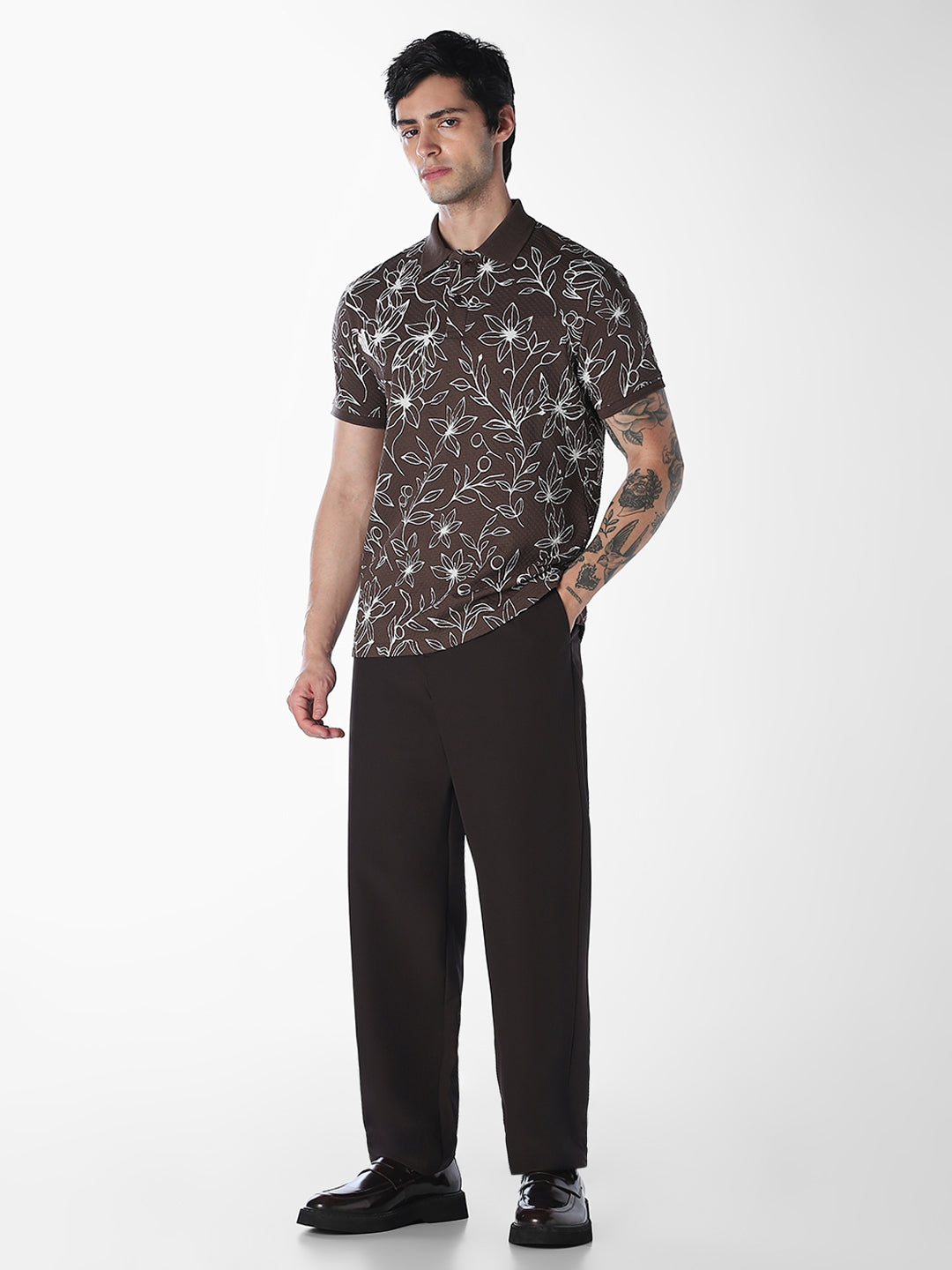 Brown Floral Print Polo