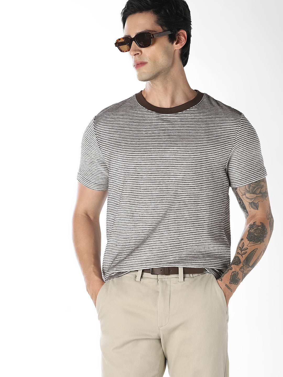 Dark Brown Striped Cotton T-shirt