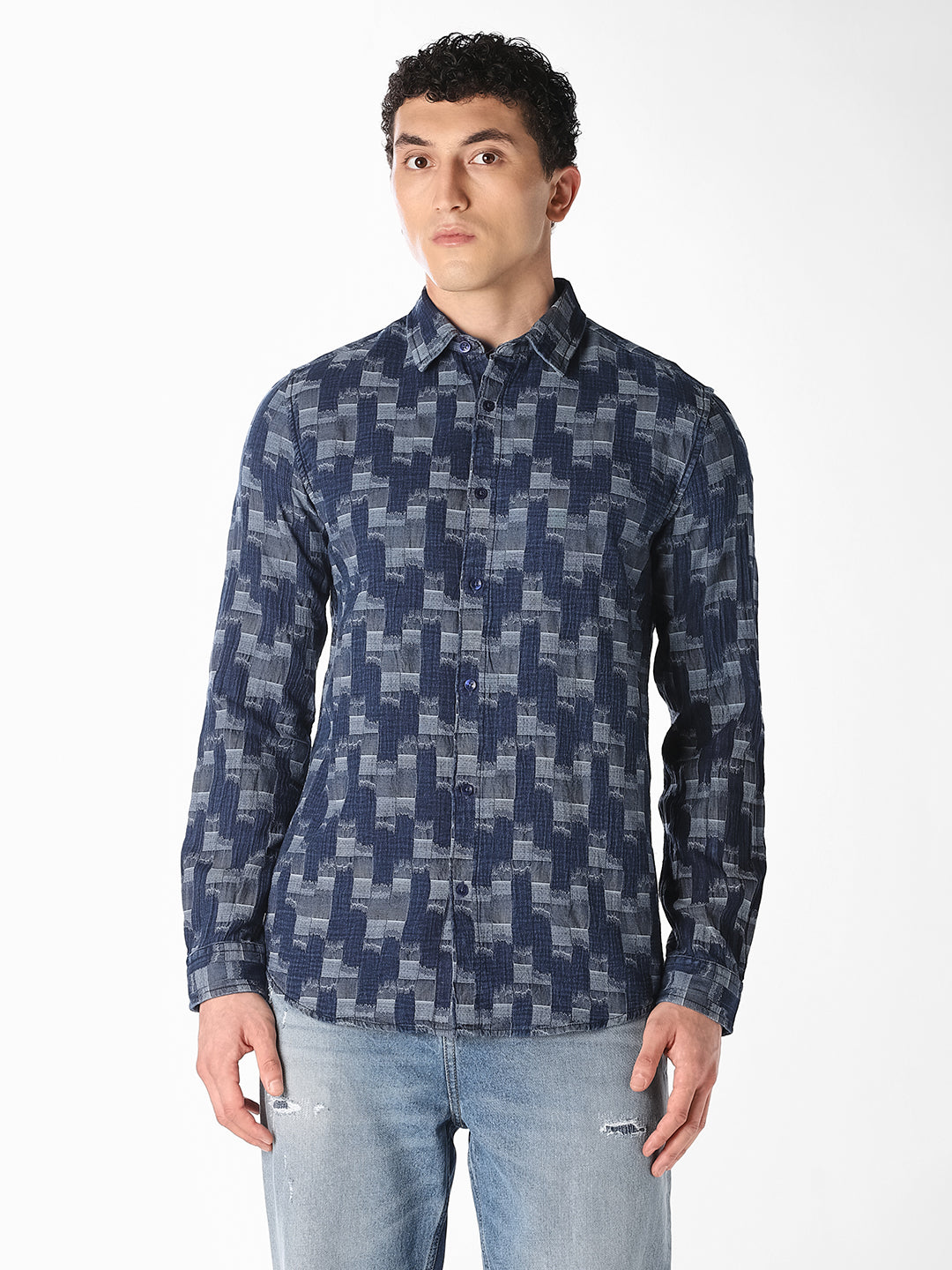 Dark Blue Printed Jacquard Shirt