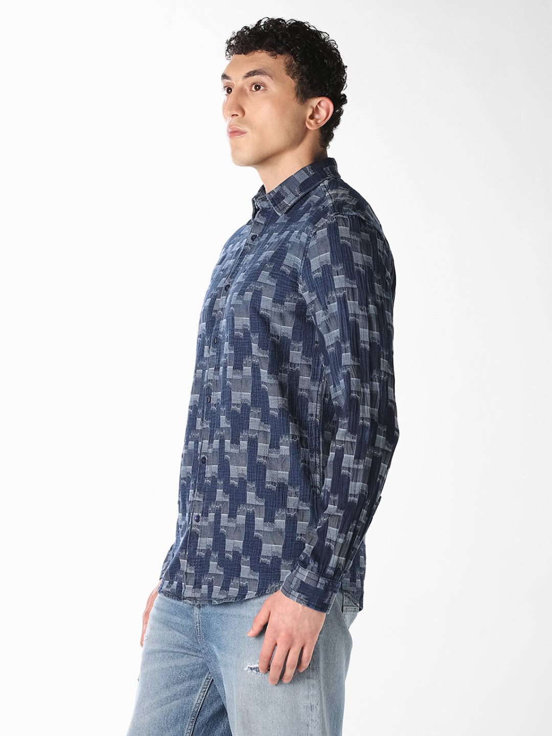 Dark Blue Printed Jacquard Shirt