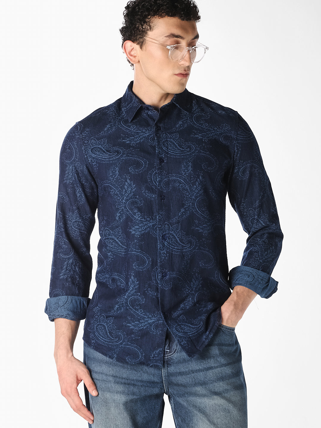 Dark Blue Printed Slim Fit Shirt