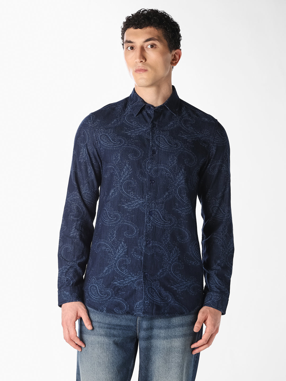 Dark Blue Printed Slim Fit Shirt