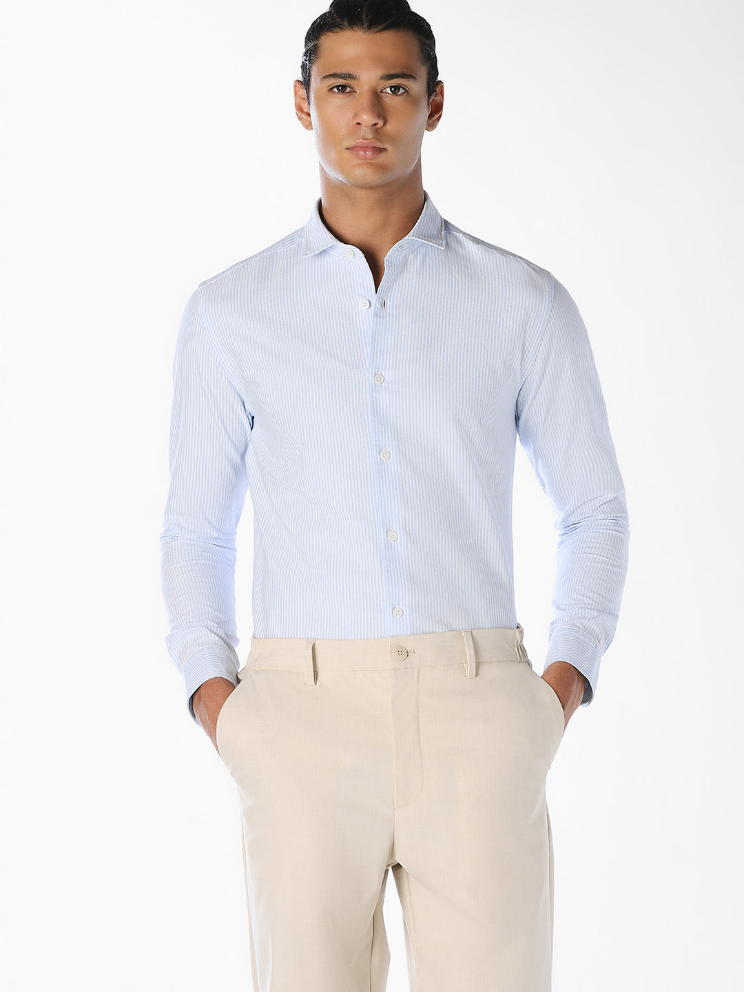 Blue Cotton Striped Formal Shirt