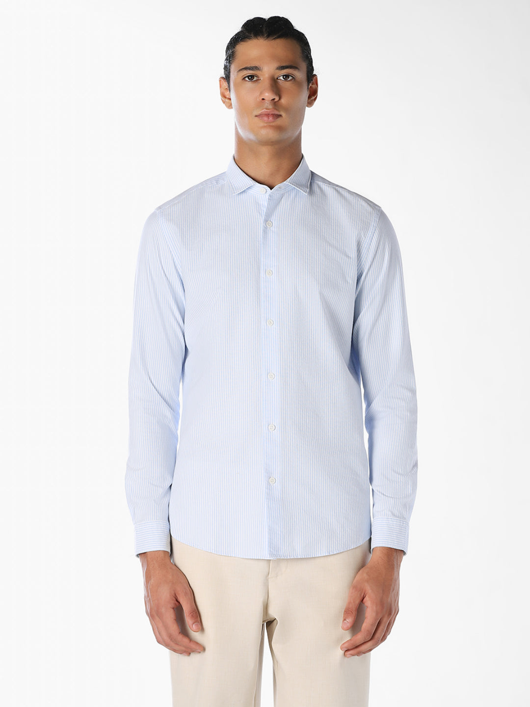 Blue Cotton Striped Formal Shirt