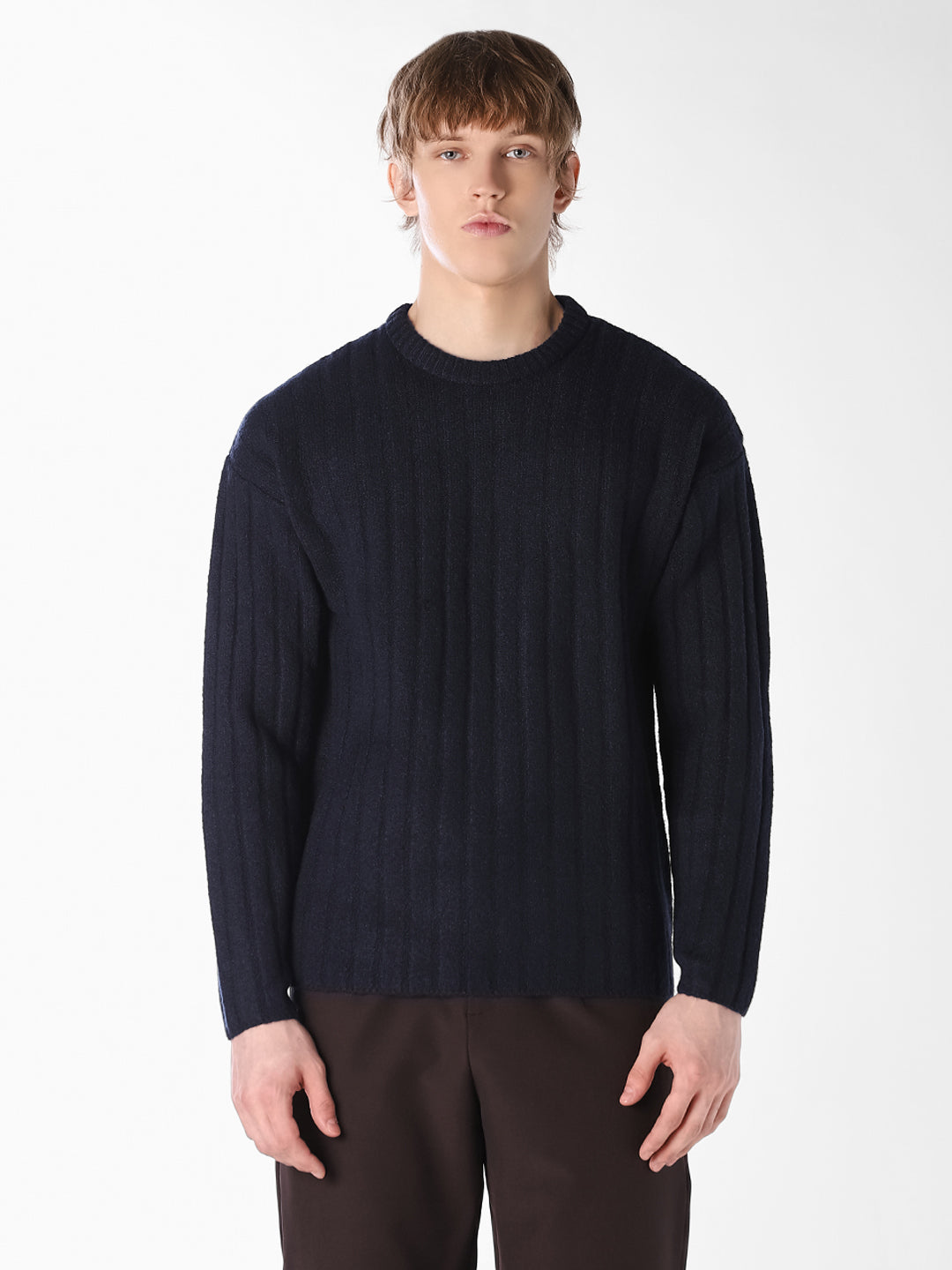 Textured Knitted Crew Neck Pullover