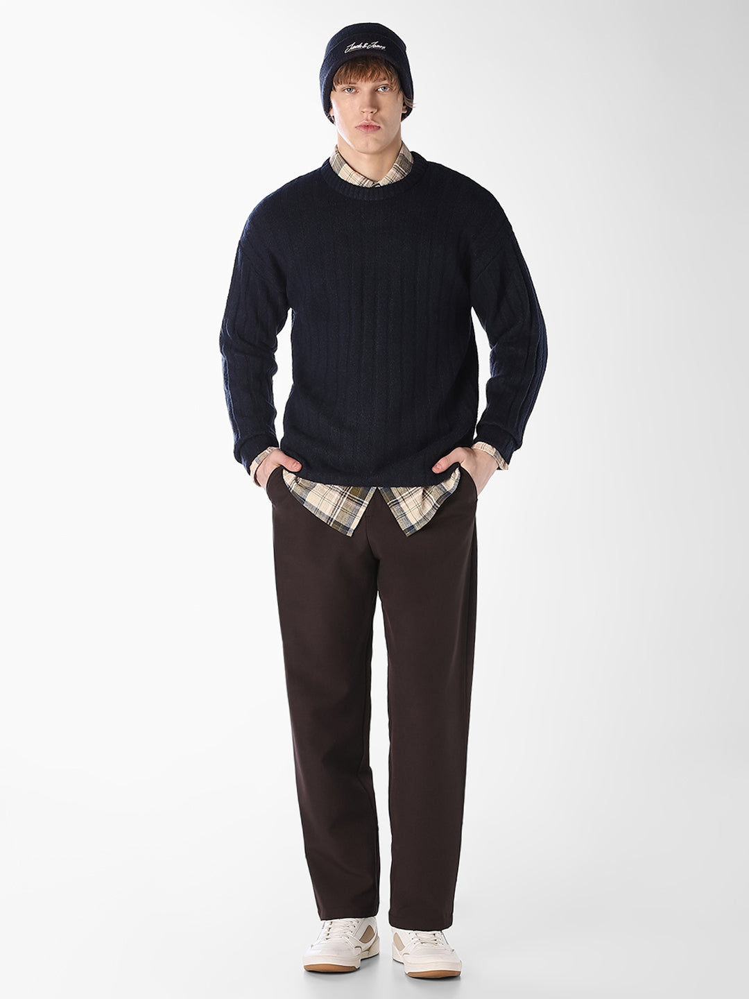 Textured Knitted Crew Neck Pullover