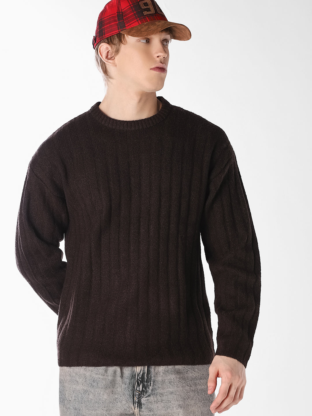 Brown Textured Knitted Crew Neck Pullover
