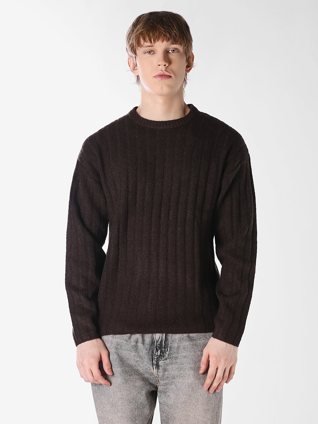Brown Textured Knitted Crew Neck Pullover