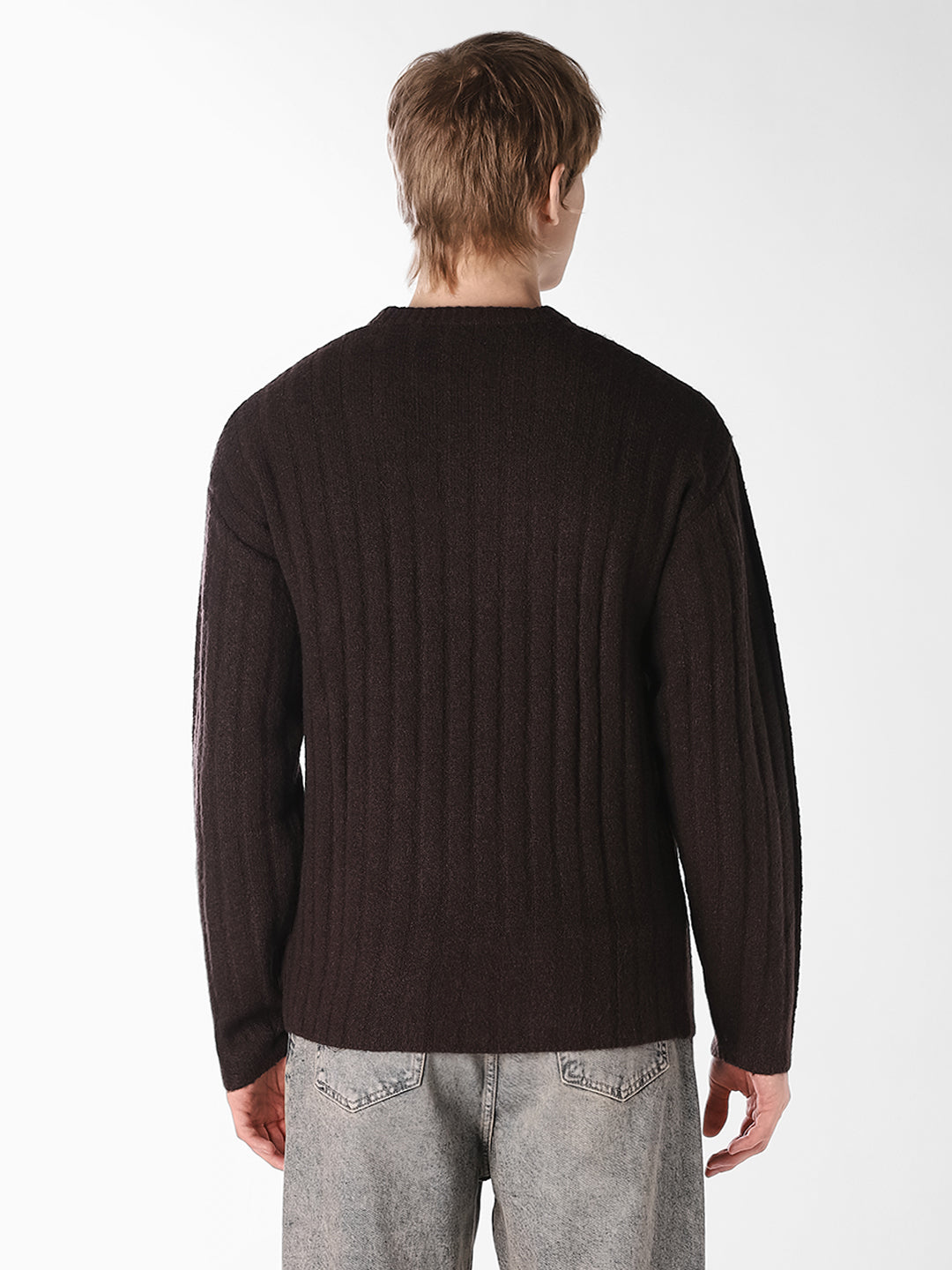 Brown Textured Knitted Crew Neck Pullover