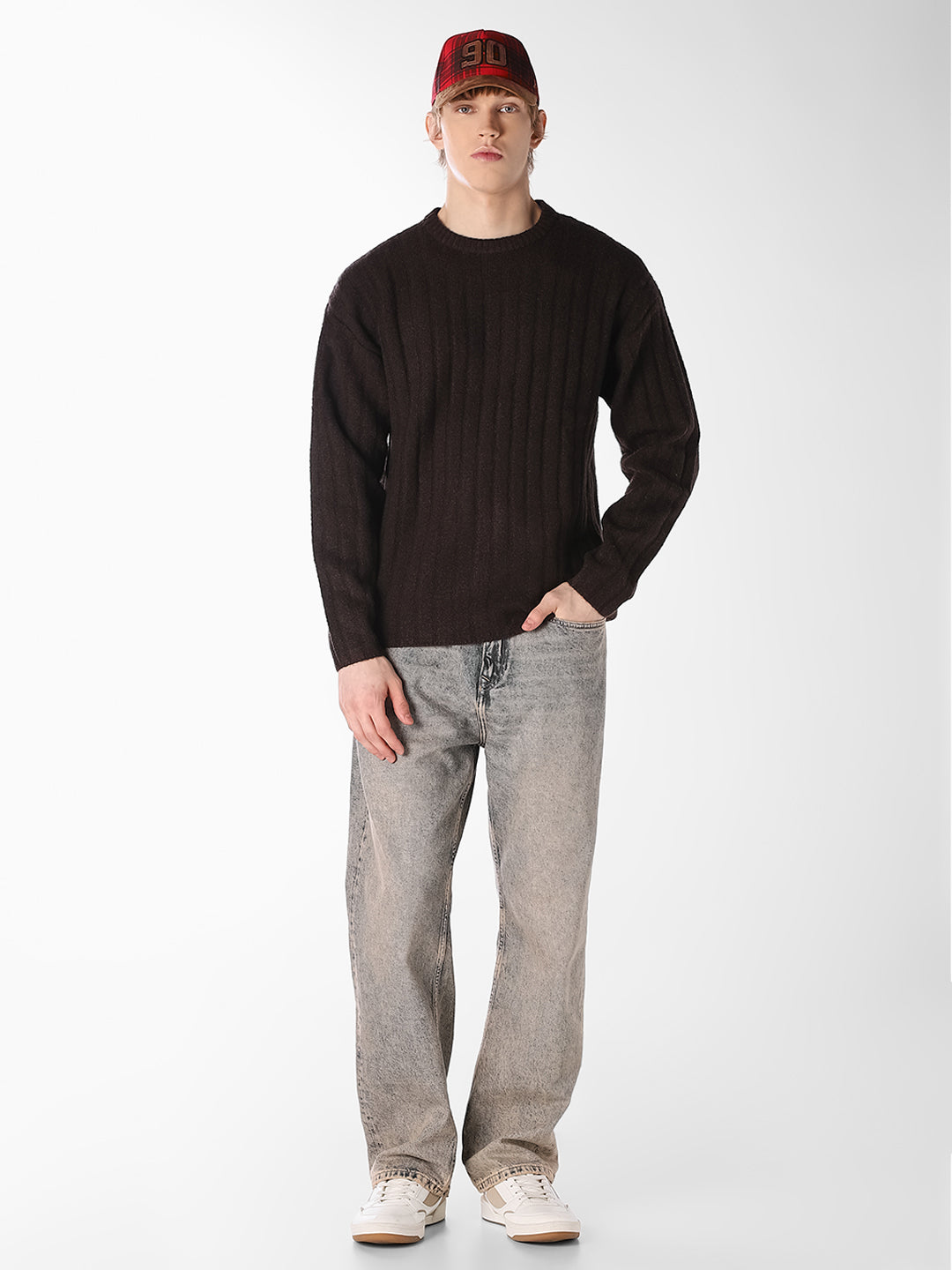 Brown Textured Knitted Crew Neck Pullover