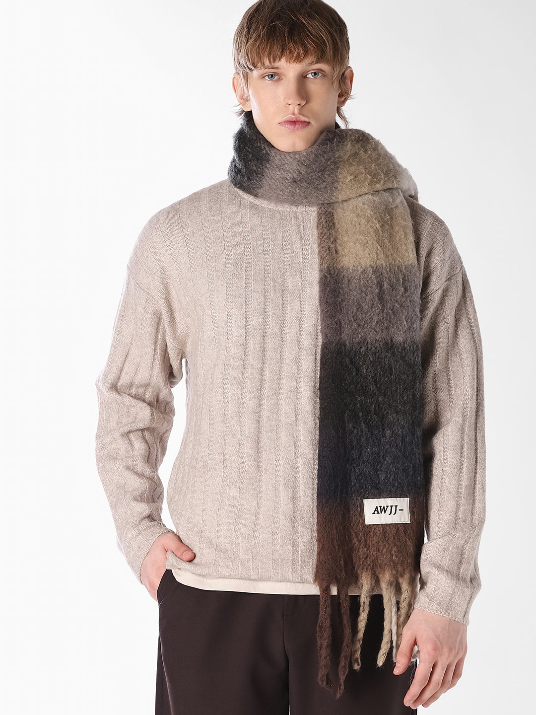 Beige Textured Knitted Crew Neck Pullover