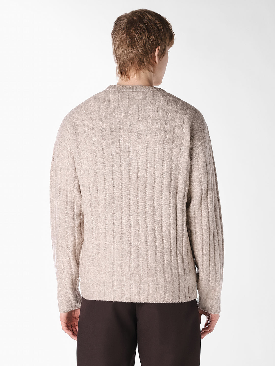 Beige Textured Knitted Crew Neck Pullover