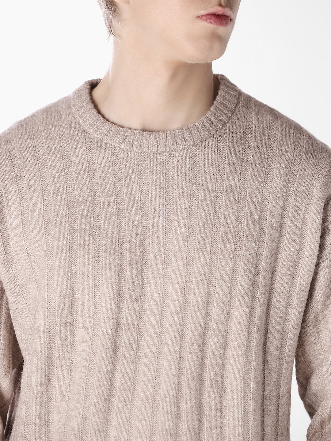 Beige Textured Knitted Crew Neck Pullover