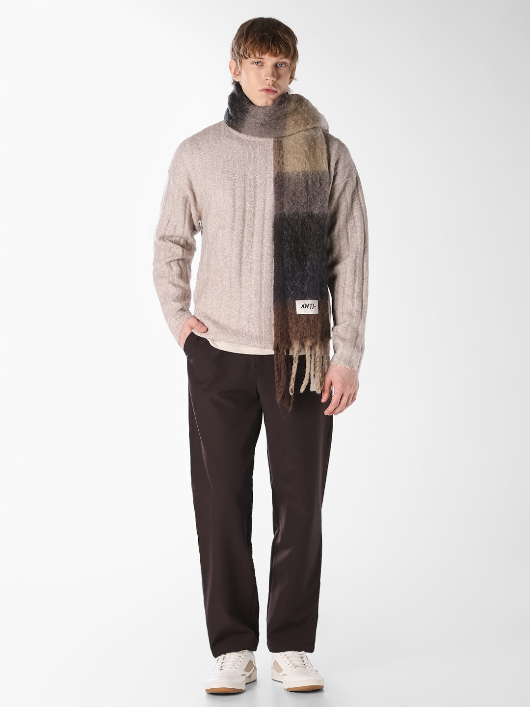 Beige Textured Knitted Crew Neck Pullover