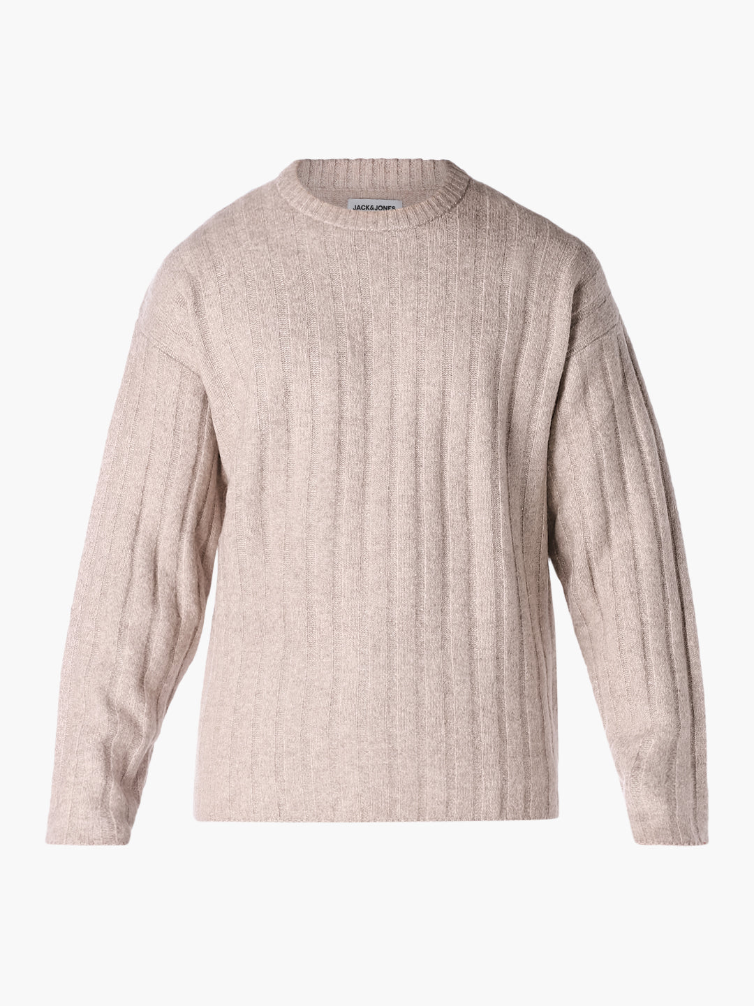 Beige Textured Knitted Crew Neck Pullover