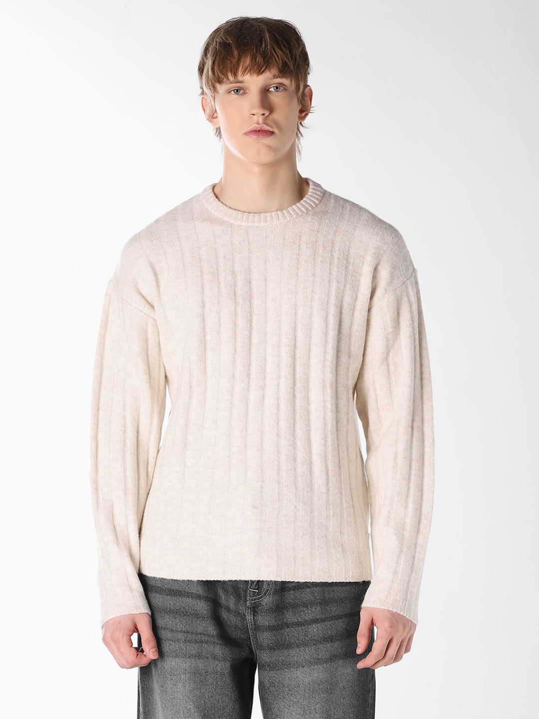 Cream Textured Knitted Crew Neck Pullover