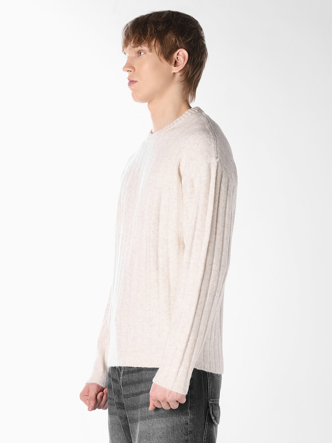 Cream Textured Knitted Crew Neck Pullover
