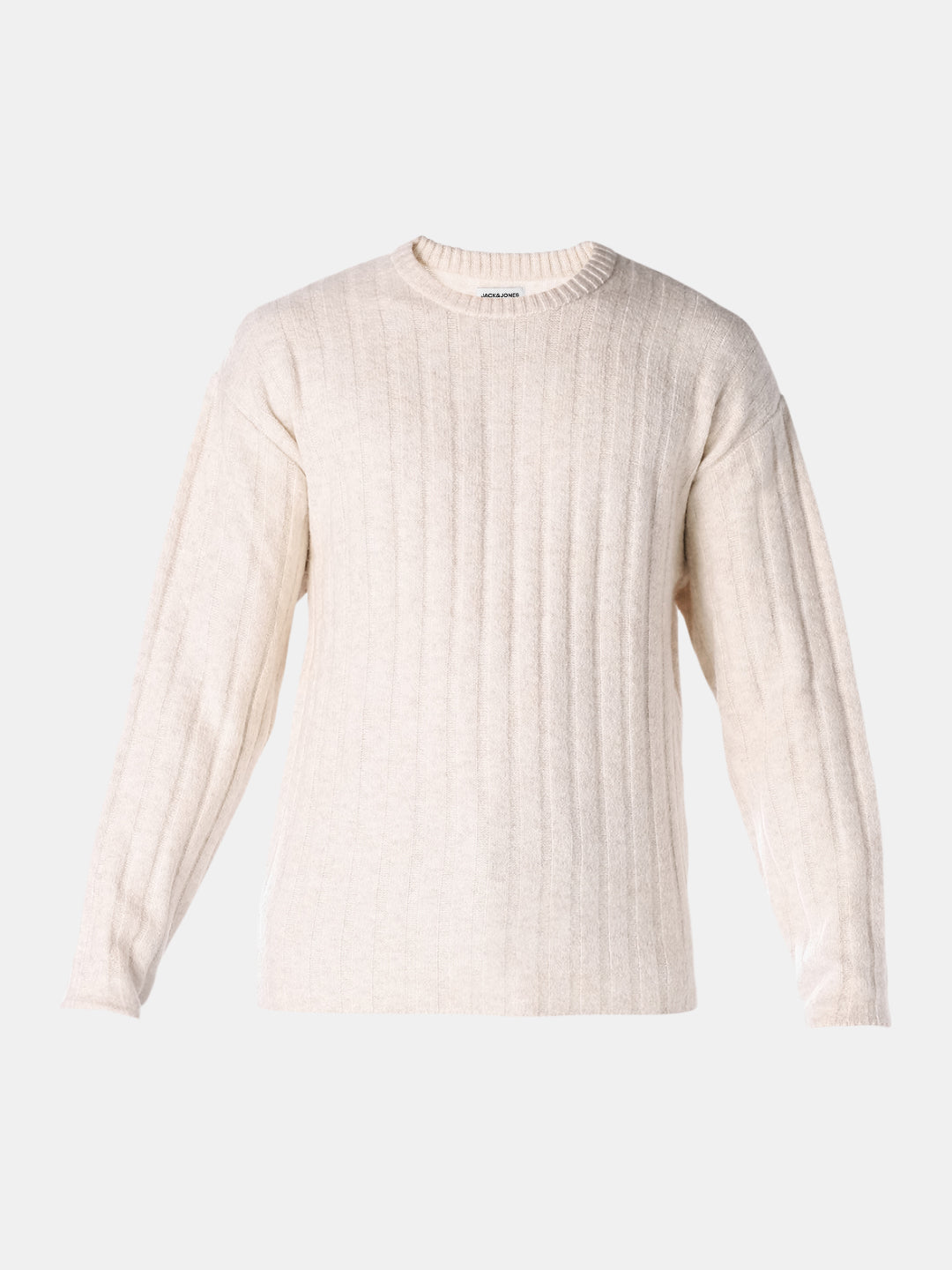 Cream Textured Knitted Crew Neck Pullover