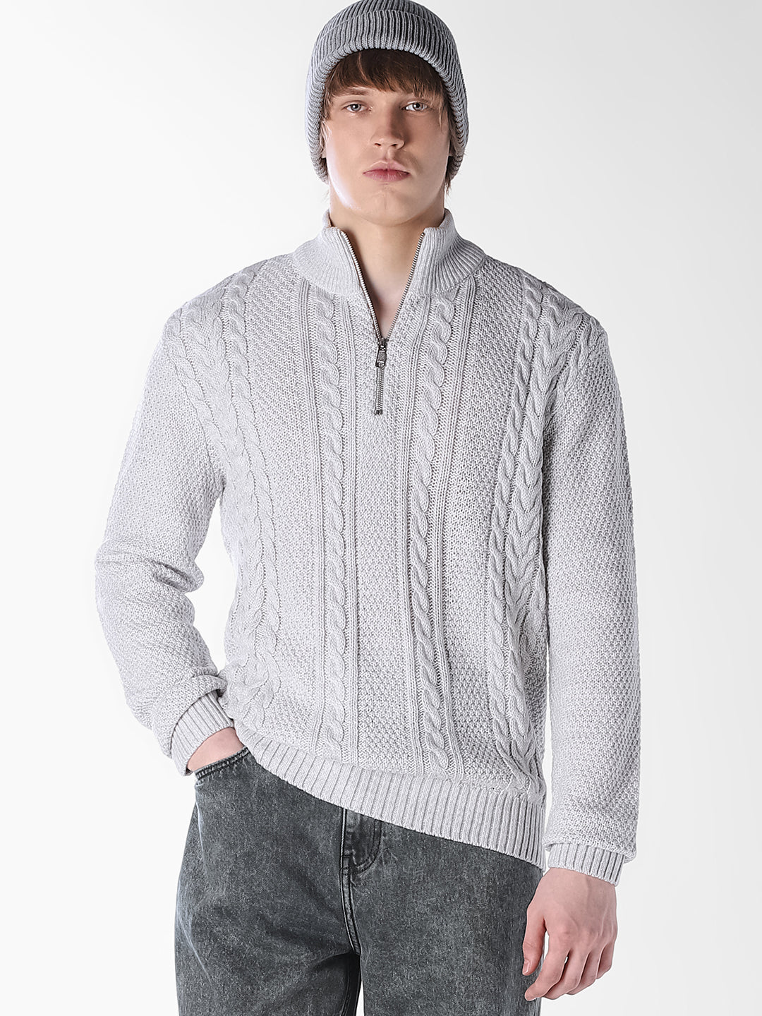 White Melange Cable-knit Pullover