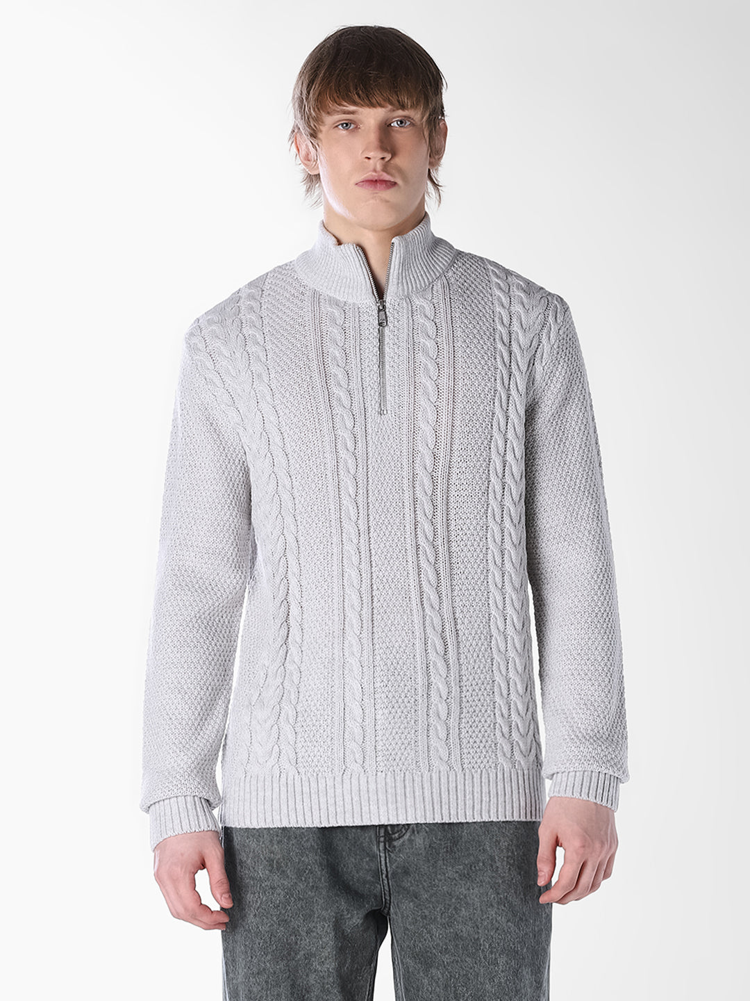 White Melange Cable-knit Pullover