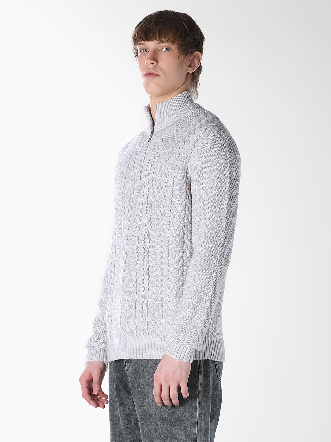 White Melange Cable-knit Pullover