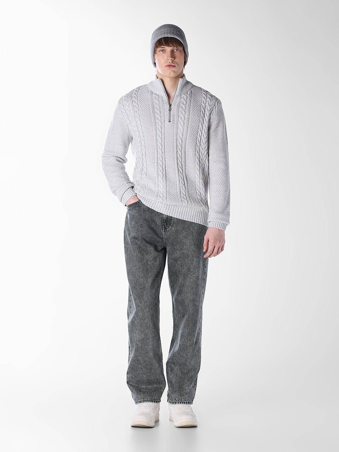 White Melange Cable-knit Pullover