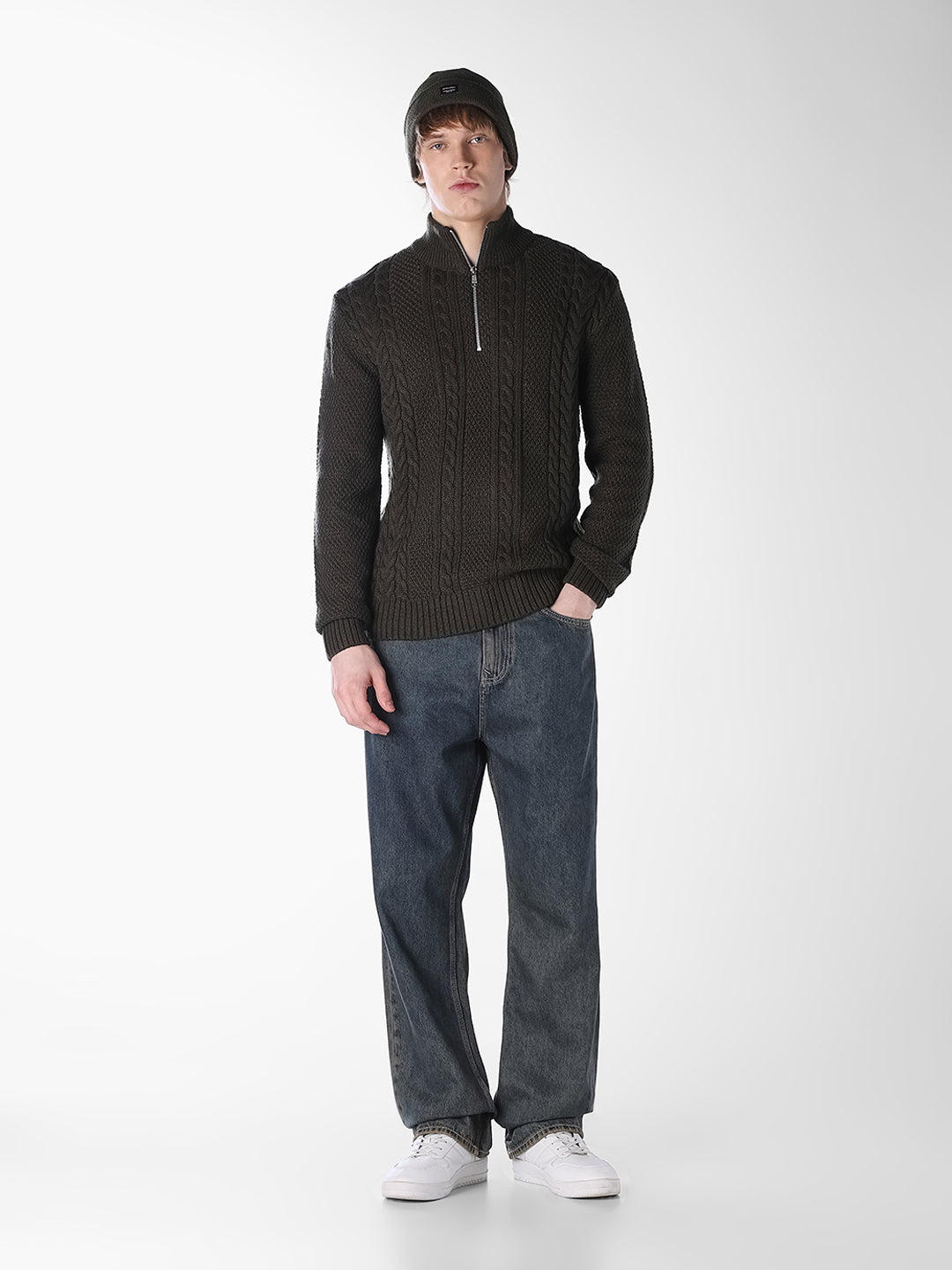 Dark Green Cable-knit Pullover