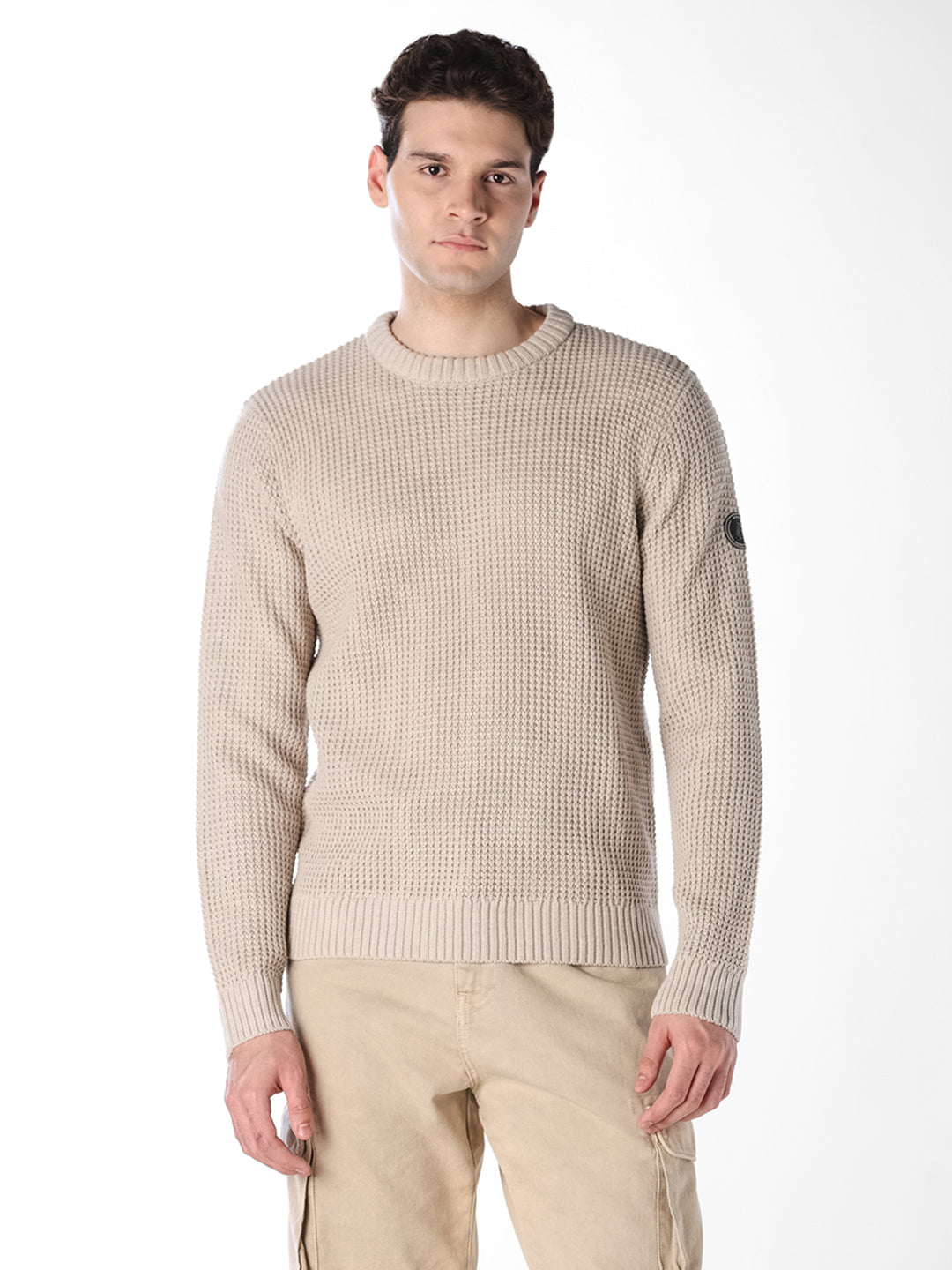 Beige Jacquard Crew Neck Pullover